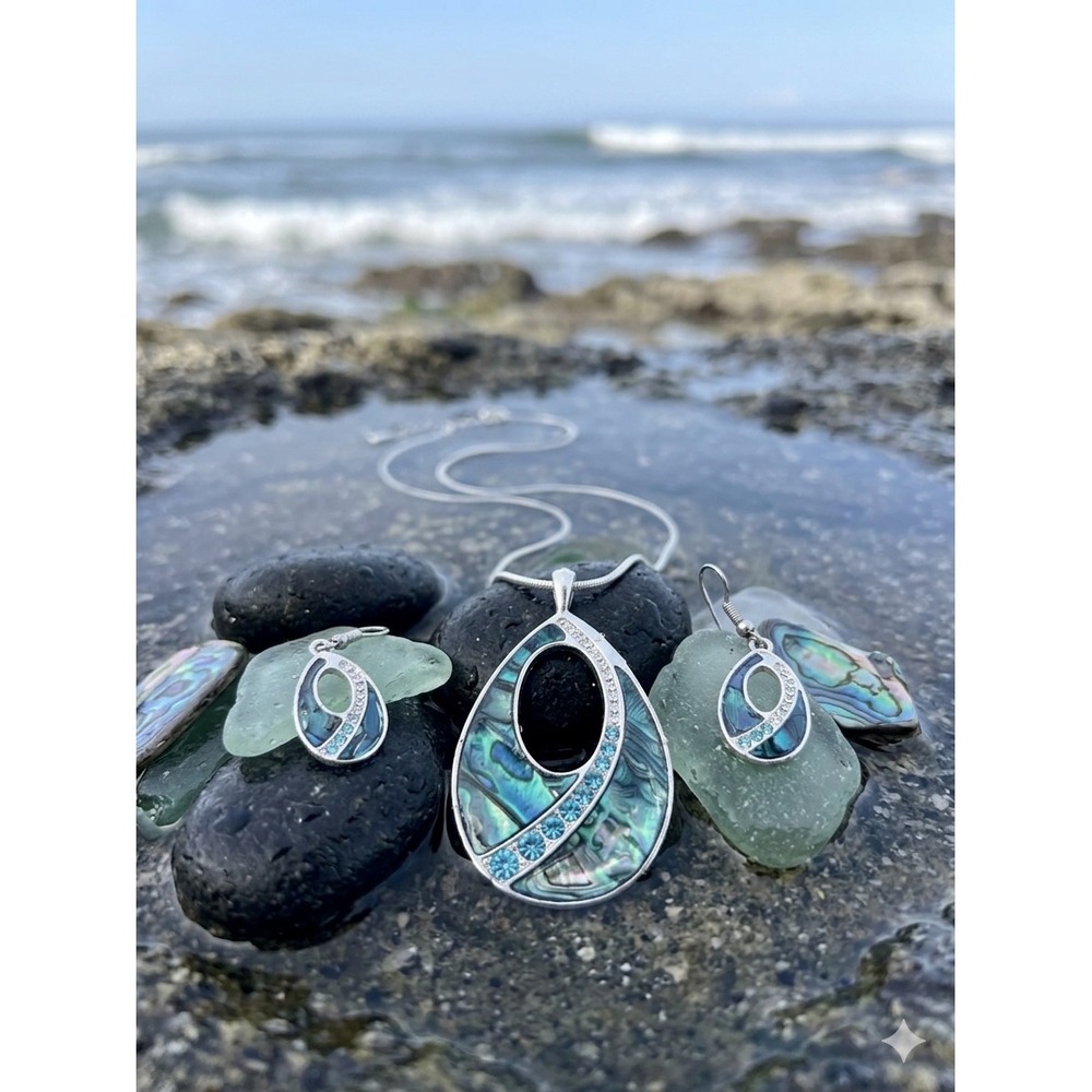 KC Abalone Shell Teardrop Necklace & Earrings Set Silver Tone Blue Crystal Inlay